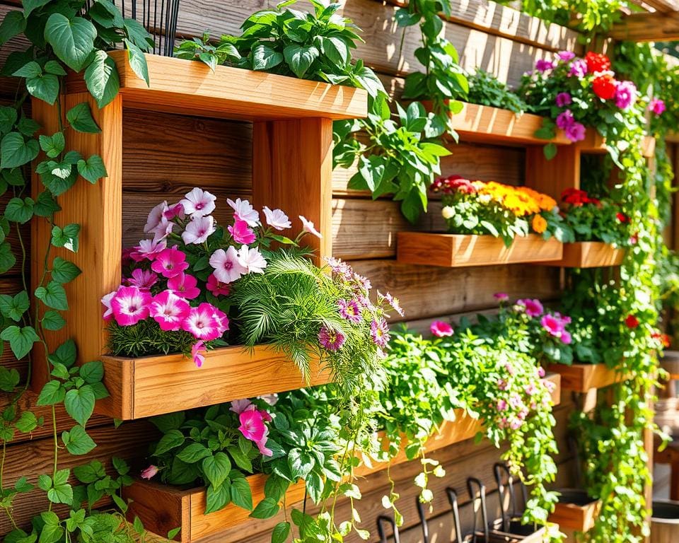 Blumenregale aus Holz für vertikale Gartengestaltung